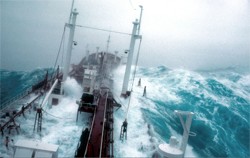An image from the chemical tanker ship Stolt Surf, built in 1970, caught in a la