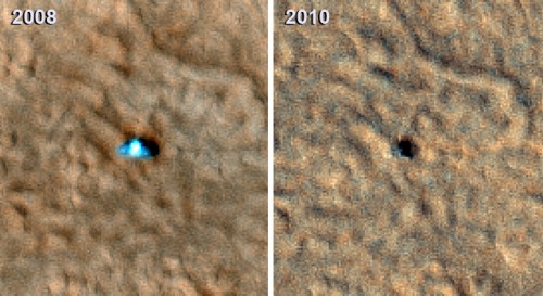 Two images of the Phoenix Mars lander taken from Martian orbit in 2008 and 2010.