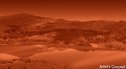 This artist concept shows a mirror-smooth lake on the surface of the smoggy moon