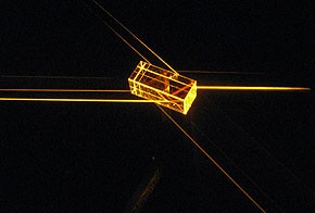 Light passes through the crystal in the quantum memory experiment. Photo: ANU