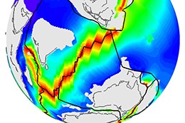 Picture showing the mid-oceanic ridges in the South Pacific, Indian and Atlantic