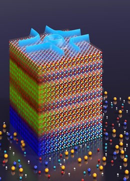 An artist&rsquo;s rendering of a transition metal oxide superlattice, with an ac