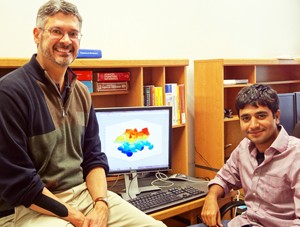 Roger T. Bonnecaze, left, and postdoctoral student Parag Katira.