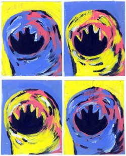 Hand painted images of hookworm heads (Ancylostoma ceylanicum) by Sarah Baxter.