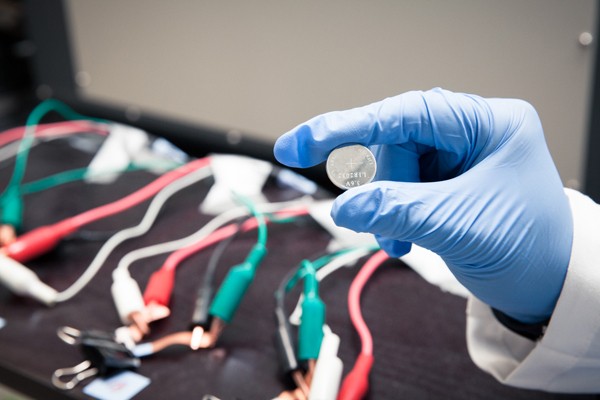 This prototype lithium ion battery contains a silicon electrode protected with a