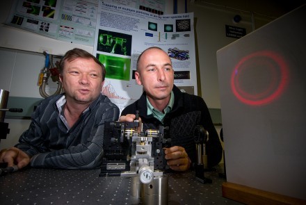 Dr Vladlen Shvedov (L) and Dr Cyril Hnatovsky adjusting the hollow laser beam in