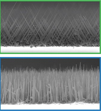 Nanowires grown using catalyst rich in gold (top) and nickel (bottom). Credit: B