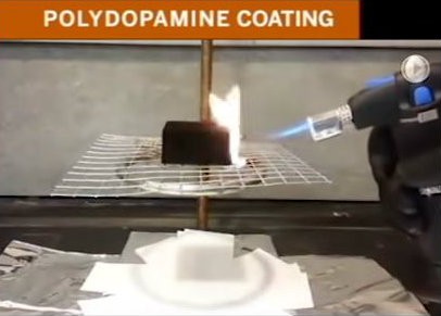 Watch a demonstration of the polydopamine flame retardant at  https://youtu.be/C