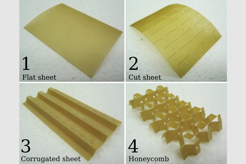 An open honeycomb at each stage during the manufacturing process