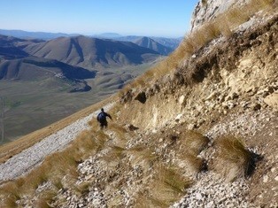 Surface rupture on the side of Mt Vettore, Italy. Credit:: Laura Gregory, Univer