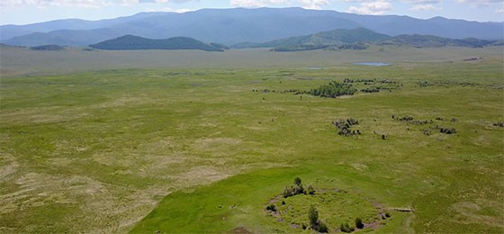 Aerial view of the burial mound Tunnug 1 (Arzhan 0). A distinct circle can be se