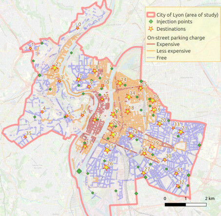 Active particles (cars) move within a series of vertices and edges (public roads