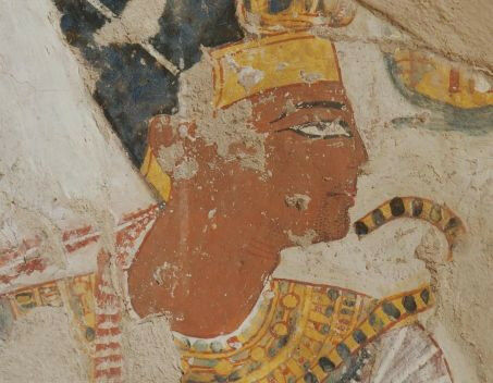 Portrait of Ramses II from tomb of Nakhtamon (c. 1,200 BCE) . The headdress, nec
