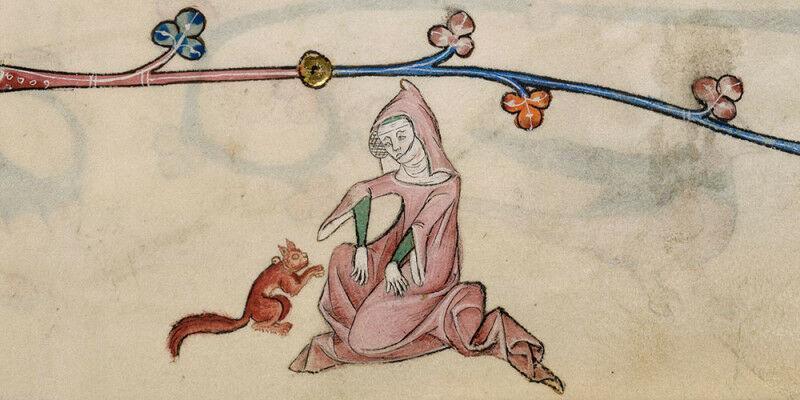 A lady plays with a pet squirrel, wearing a belled collar, in the early 14th cen