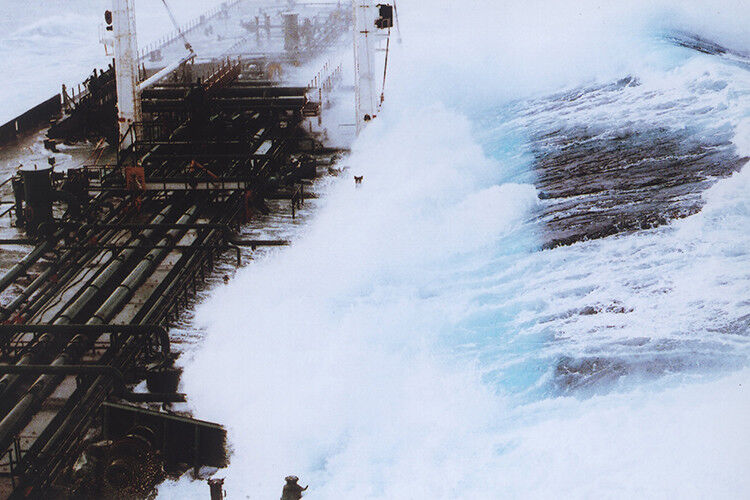 An 18.5 metre high rogue wave hitting the broadside of a tanker heading south fr