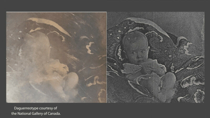 Tarnished daguerreotype of a baby (left) and image retrieved using the Advanced 