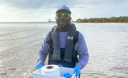 Dr Elvis Okoffo has tested samples of mud from Moreton Bay for microplastics.