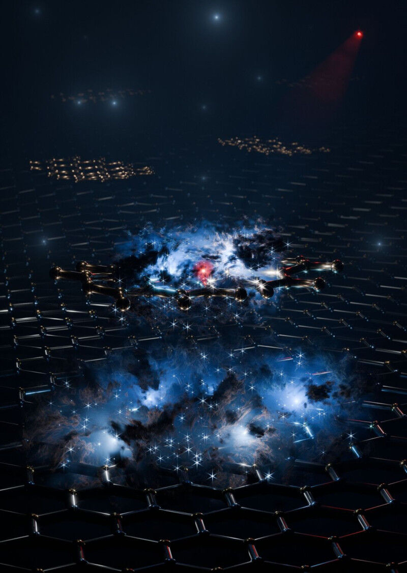 Physics - Artistic representation of the hybrid exciton wavefunction, with the electron shown in red and the hole distribution shown as a blue cloud Photo: Lukas Kroll Physics