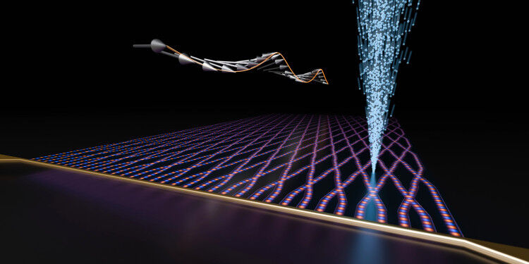 Artist's impression of a spin waveguide network, produced with an ion b