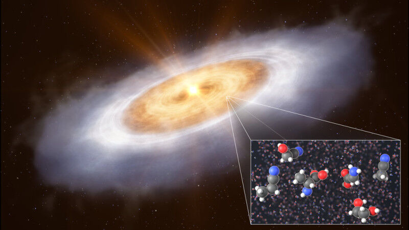This artist-s impression shows the planet-forming disc around the star V883 Orio