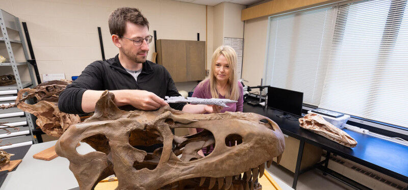UCalgary paleontologist Darla Zelenitsky and PhD candidate Jared Voris, left, he