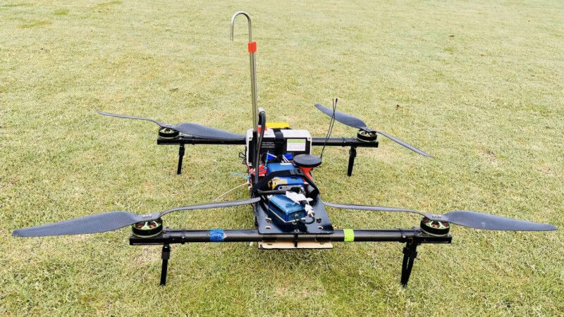 Environment - Drone-based measurement system with above the drone the sampling inlet. Photo credits: left Ajith Ahlawat, right Rohit K. Choudhary. Environment