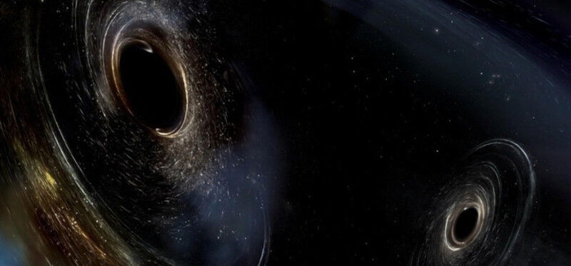 Astronomy & Space - LIGO illustration of a black hole merger with gravitational waves. LIGO/Caltech/MIT/Sonoma State (Aurore Simonnet)/JWST Astronomy & Space