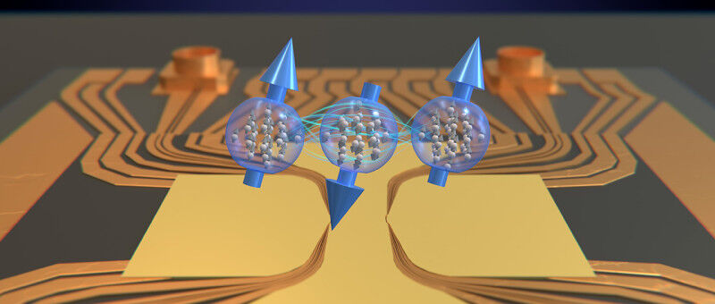 With three atomic clouds whose spins (blue) are entangled with each other at a d
