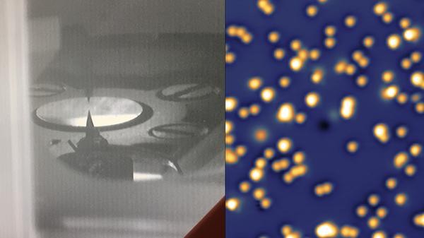 Left: Scanning Tunneling Microscope image of Holmium single-atom magnets. Right: