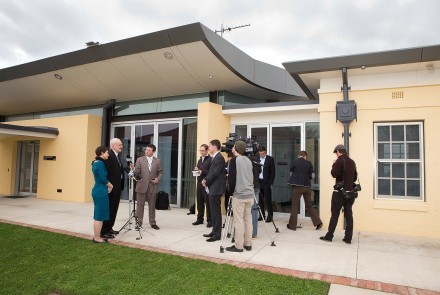 Marnie Hughes-Warrington and  Matthew Colless front up to the media.