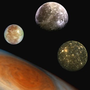 �A composite image showing [L-R] the icy moons Europa, Ganymede & Callisto [