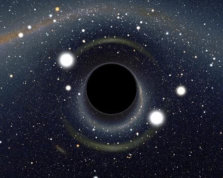 A computer-generated image of the light distortions created by a black hole. For