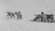 Foundering in soft snow: Bowers' sledge team; Wilson pushing; Oates and PO 
