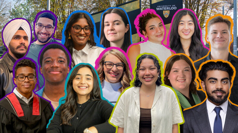 Class of 2025 valedictorians collage with the University of Waterloo signage in