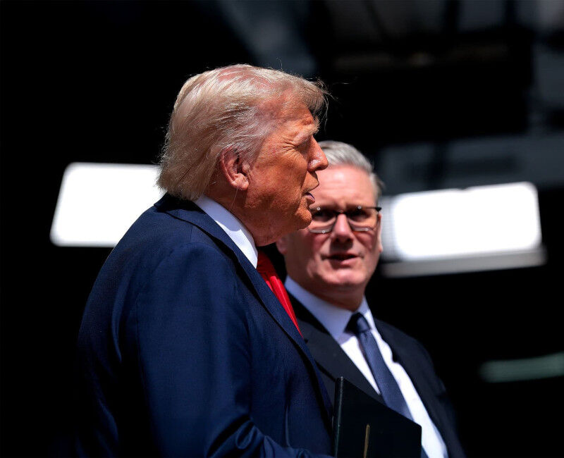 U.S. President Donald Trump and British Prime Minister Keir Starmer speak to the