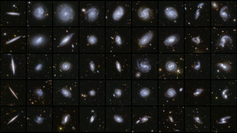This image shows examples of galaxies in different shapes, all captured by Eucli