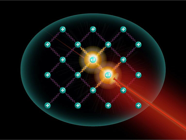 Schematic illustration of an ion crystal in which two ions are excited to highly