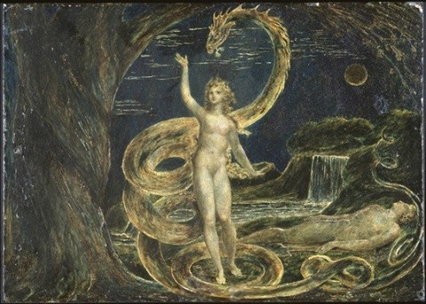 Eve reaches for the forbidden fruit in William Blake&rsquo;s  Eve Tempted by the