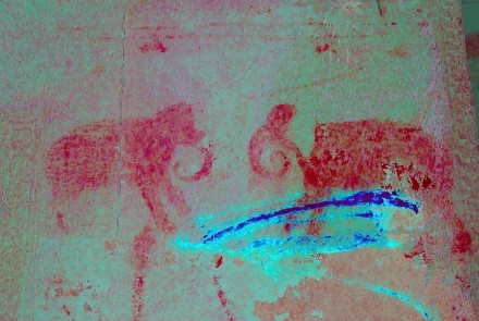 Enhanced image of two elephants, from the walls of Angkor Wat.