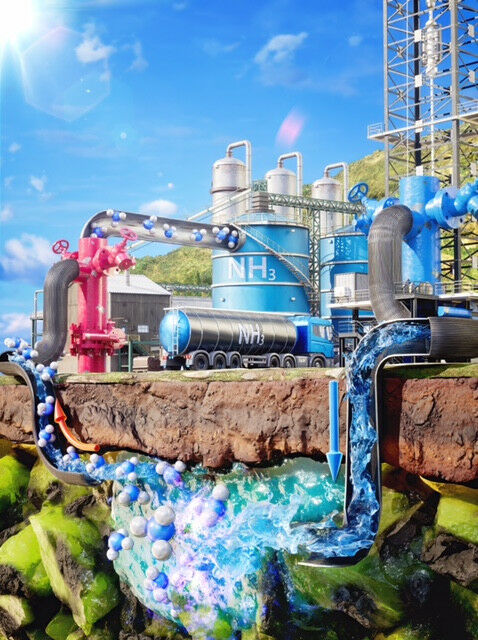 Illustration of a fully scaled geological ammonia production facility. In this p
