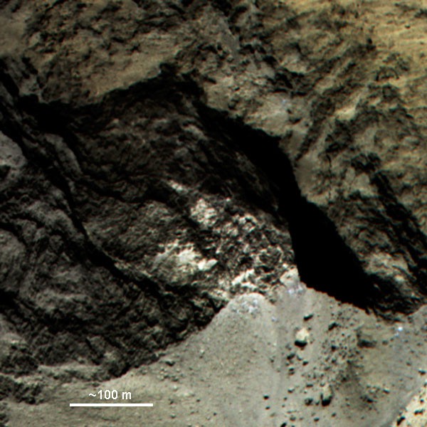 Colour composit of a part of 67P. The rocky surface contains remarkably light st