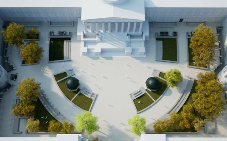 A computer-generated visualisation of a remodelled Quad, seen from above and sho