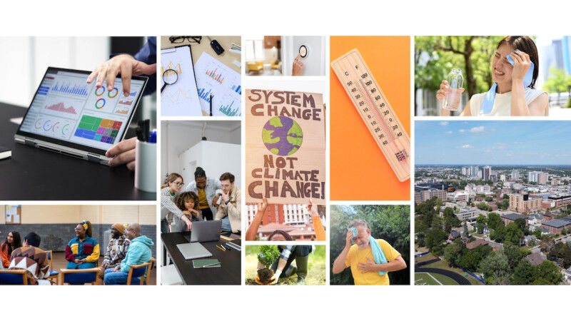 Collage showing images of climate, people and cities