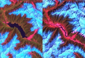 U.S. Geological Survey/NASA    The Landsat satellite image at left shows a huge 