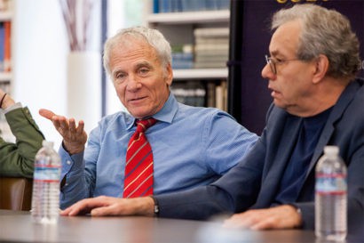 Ed Wasserman, dean of the Graduate School of Journalism, talks with comedian and