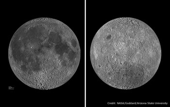 The moon&rsquo;s near side (left) is covered with dark splotches of lunar maria 