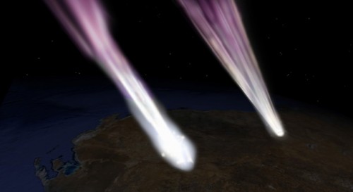 This artist&rsquo;s concept depicts the Hayabusa spacecraft (left) and sample re