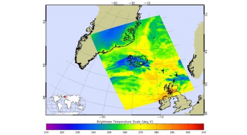 Infrared AIRS image of Iceland volanic ash plume, shown in blue. Image credit: N