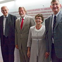 The Vice-Chancellor (left) with Ekhard and Lisa Salje and Sir Martin Harris