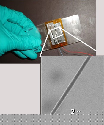 Shown
					    is a fiber nanogenerator on a plastic substrate created by UC
			